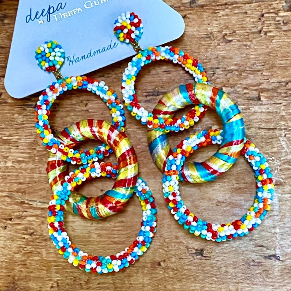 NWT Deepa Gurnani Beaded Triple Hoop Chandeliers - Picture 3 of 15